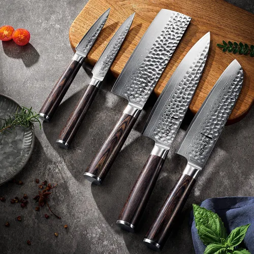 Vista 3 de SENKEN Damasco - Juego de cuchillos de 5 piezas, colección Ronin con núcleo de acero japonés VG10, cuchillos de chef con mango de madera, Santoku