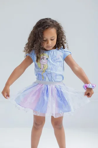Vista 6 de Disney Princess Moana Frozen - Conjunto de 3 piezas de camiseta de tul con falda de malla y coletero para niñas pequeñas y grandes
