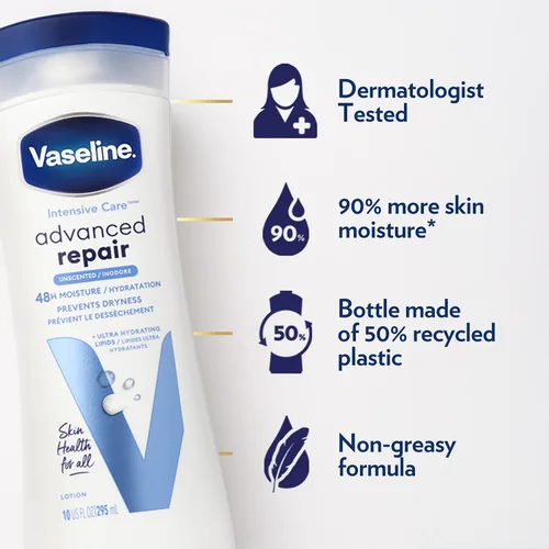 Vista 4 de Vaseline Intensive Care Advanced Repair Loción corporal sin fragancia Paquete de 2 unidades de 10 onzas cada uno