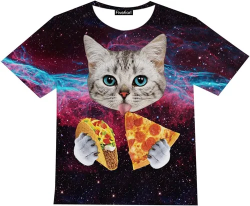 Vista 4 de Camisetas con estampado 3D de gato de galaxia para niños y niñas de 4 a 14 años