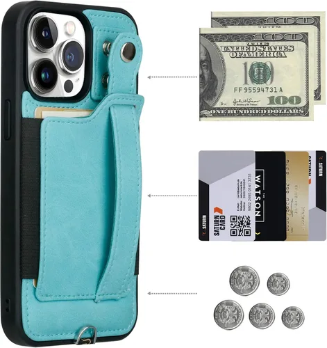 Vista 4 de TOOVREN Funda tipo cartera para iPhone 14 Pro Max con tarjetero y cordón para iPhone 14 Pro Max, funda con correa para cartera, soporte de cuero