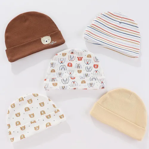 Vista 2 de MAMIMAKA Conjunto de gorro y manoplas para bebé recién nacido, gorras para bebés, niños y niñas de 0 a 6 meses, 100% algodón Oso/Marrón/Beige Hpgm34