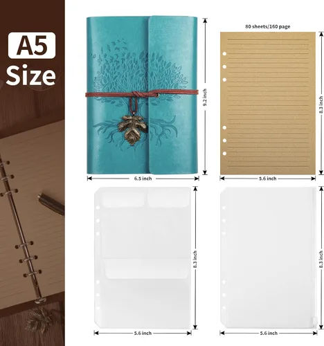 Vista 2 de Billtigif Cuaderno de cuero sintético, diario de viaje vintage recargable, diarios de escritura, regalos para mujeres, hombres, adolescentes y Azul