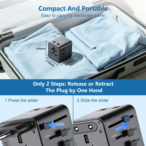 Vista 6 de Adaptador de viaje universal 7 en 1 de 17 W, 3 entradas, 2 USB-A + 2 USB-C, adaptador de corriente internacional para EE. UU. UE Reino Unido AU