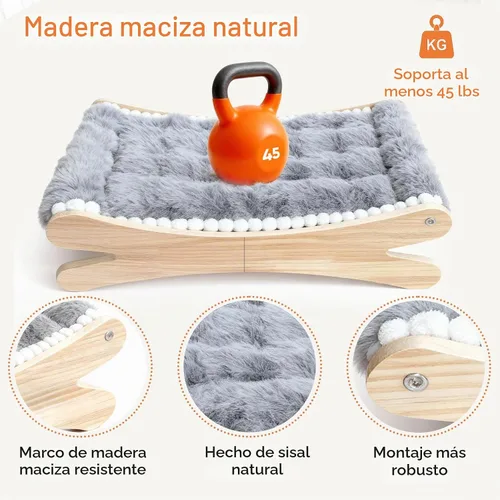 Vista 4 de Cama elevada de felpa para gatos, acogedora hamaca elevada para gatos con marco de madera maciza, cojín suave y peludo para gatos