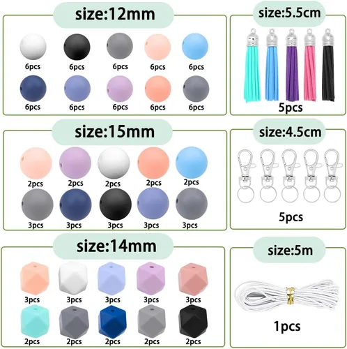 Vista 2 de Vellibring 121 piezas de abalorios de silicona para kit de llaveros, abalorios de goma redondos de 12 mm y 15 mm, poligonales de 14 mm, abalorios