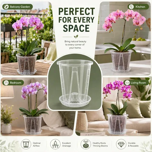 Vista 6 de Paquete de 12 macetas de plástico transparente para orquídeas con 4 pulgadas + 5 pulgadas + 6 pulgadas