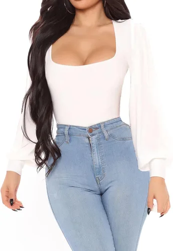 Vista 2 de JORASOB Enterizo de manga larga con cuello cuadrado para mujer, manga linterna, color liso