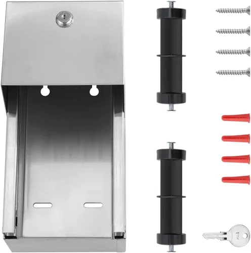 Vista 4 de Dispensador de papel higiénico comercial, soporte de doble rollo de acero inoxidable 304, dispensador de pañuelos de montaje en pared con cerradura