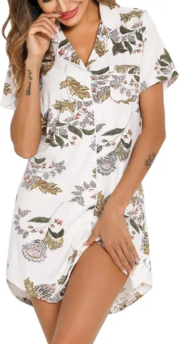 Vista 141 de Samring Camisón de pijama para mujer, manga corta/larga, con botones, camisón para dormir, camisón para novio, talla XXL