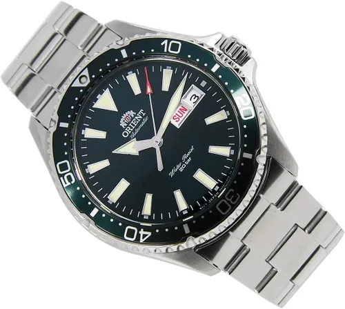 Vista 4 de Orient Reloj automático de 656.2 ft para hombre con esfera verde pulsera de acero RA-AA0004E, Verde, Moderno
