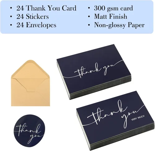 Vista 2 de NESCCI 24 tarjetas de agradecimiento con sobres, tarjeta de agradecimiento, diseño minimalista de 4 x 6 pulgadas, notas de agradecimiento para Azul