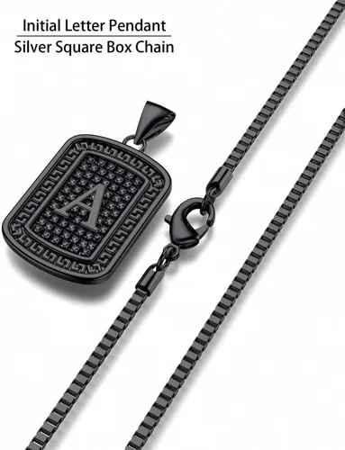 Vista 6 de Airrty Collar con colgante de letra A-Z con inicial para hombres y mujeres, chapado en plata de ley, collares de letras para hombres, caja cuadrada