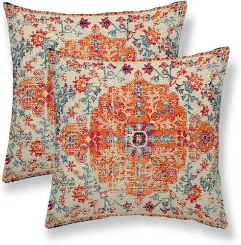 Vista 16 de Juego de 2 fundas de almohada bohemias de 16 x 16 pulgadas, color negro y marrón, fundas de almohada con patrón de alfombra étnica rústica, fundas