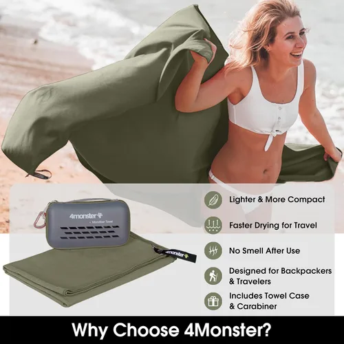 Vista 2 de 4Monster Toalla de viaje de secado rápido con estuche y mosquetón, toalla de microfibra súper absorbente para gimnasio y campamento. Compacta