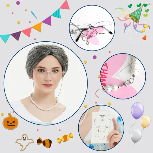 Vista 7 de Old Lady Costume for Women Kids,8Pcs Grandma Cosplay Set for 100th Day of School Granny Costumes Halloween Accessories