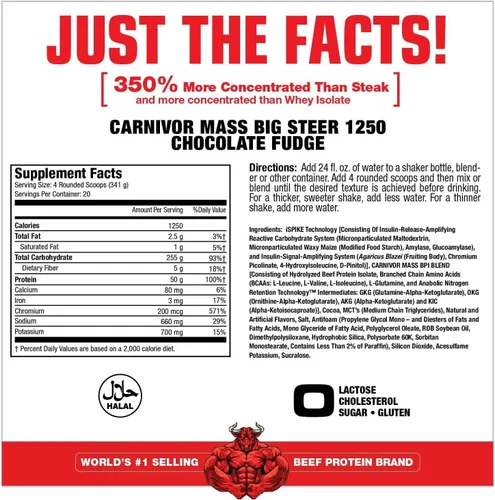 Vista 2 de MuscleMeds Carnivor Mass Chocolate Big Steer 1250, 15 libras (el embalaje puede variar)