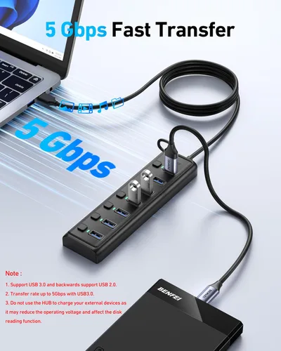 Vista 2 de BENFEI Hub USB 3.0 de 7 puertos, divisor USB portátil ultrafino con cable de 3.3 pies, compatible con MacBook Pro/Air, Mac Pro, Mac Mini, iMac