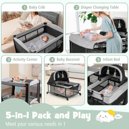 Vista 2 de HONEY JOY Empaca y juega con moisés, corralito portátil 5 en 1 con cambiador, moisés extraíble de tamaño completo y colchón, bolsa de almacenamiento