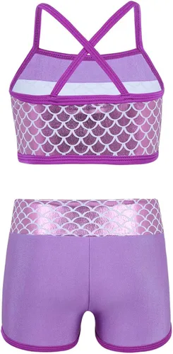Vista 2 de TiaoBug Conjunto de 2 piezas de camisetas cortas y pantalones cortos para niños, ropa deportiva con lentejuelas brillantes, trajes de baile
