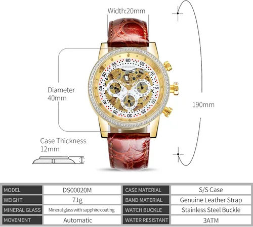 Vista 4 de BERNY - Reloj de pulsera automático para hombre, esfera de diamante real, multifunción, resistente al agua, correa de cuero genuino
