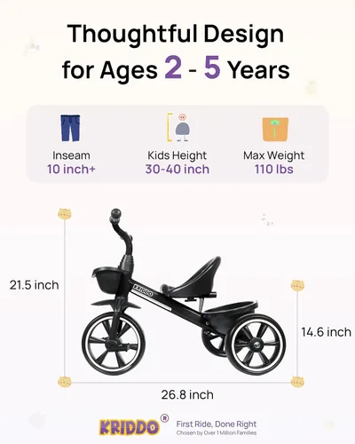 Vista 3 de KRIDDO - Triciclo para niños de 2 a 5 años - Regalo para niños pequeños - Negro
