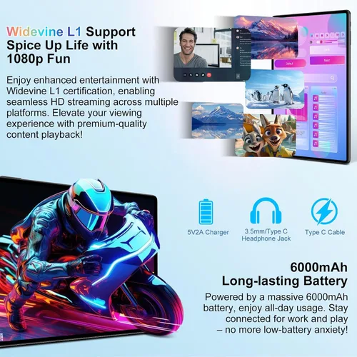 Vista 6 de Tableta Android 15 de 10 pulgadas con teclado, 30 GB de RAM 64 GB ROM 2.0 GHz Octa-Core, cámara dual, expansión de 2 TB, Widevine L1, WiFi 5G, BT
