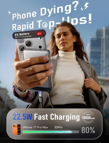 Vista 4 de LISEN [Certificado CCC] [Aleación de metal] Banco de energía ultra delgado de 0.5 pulgadas, 10000 mAh, aprobado por la TSA, artículos esenciales