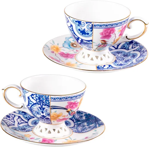 Vista 9 de KAMMAK Juego de 2 tazas de té y platillos, tazas de café de porcelana fina, tazas de café expreso apilables, demitasse de cerámica para café