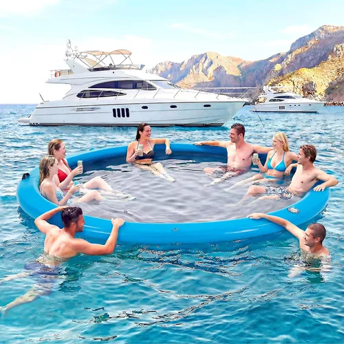 Vista 7 de Muelle flotante inflable redondo de 6 a 12 pies, anillo de flotador Sunchill, hamaca de agua para broncear flotadores de piscina con tela tejida