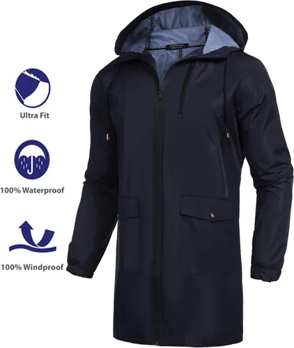 Vista 2 de COOFANDY Chaqueta impermeable para hombre, con capucha, ligera, resistente al viento, para exteriores, larga