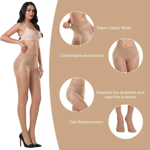 Vista 3 de MANZI 2 pares de medias transparentes para mujer, 40D, cintura alta, control superior, medias altas hasta el muslo con dedos reforzados