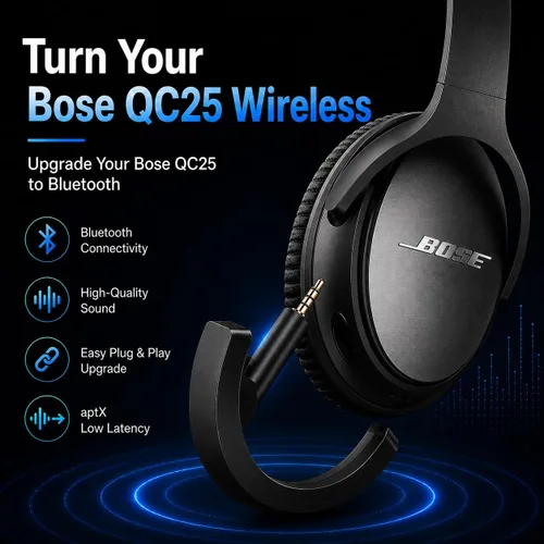Vista 2 de Adaptador Bluetooth inalámbrico aptX mejorado para auriculares Bose QuietComfort 25 QC 25 con micrófono/control de volumen, negro