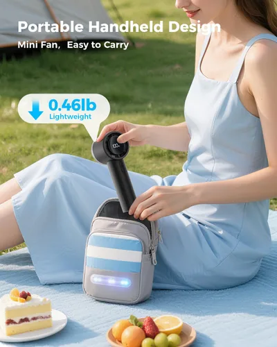 Vista 5 de SWEETFULL Ventilador de mano portátil recargable – Miniventilador turbo potente de alta velocidad de 6 velocidades con linterna, pantalla digital