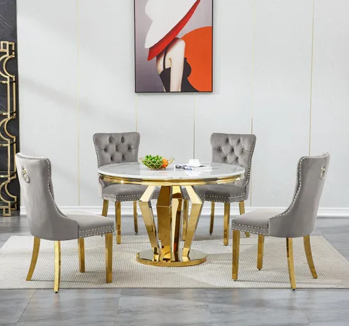 Vista 48 de Juego de 5 mesas de comedor, juego de mesa de cocina y comedor para 4, mesa de cocina rectangular de mármol sintético blanco de 47 pulgadas con base
