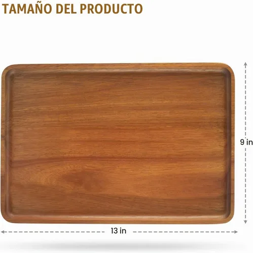 Vista 2 de 1 bandeja rectangular de madera de acacia maciza de 13 x 9 pulgadas, tablero de madera natural para bar, fiesta de café