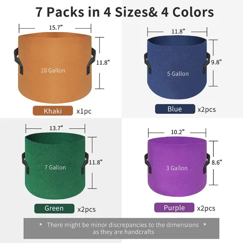 Vista 3 de HAOWIN Paquete de 7 bolsas de cultivo coloridas de 14.11 oz más gruesas, macetas de tela de 10 galones, 7 galones, 5 galones, 3 galones, paquete
