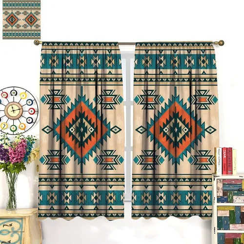Vista 62 de Cortinas con patrón geométrico tribal, estilo suroeste, azteca, rústico, occidental, nativo americano, opacas, con bolsillo para barra, decoración