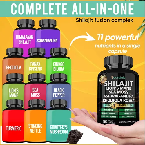 Vista 4 de Adndale Shilajit para hombres y mujeres. Cápsulas puras de Shilajit orgánicas del Himalaya con musgo marino Ashwagandha Rhodiola Rosea melena