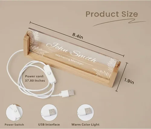 Vista 3 de Noni Placa de identificación LED personalizada para escritorio, placa de identificación de escritorio de acrílico iluminada con base de madera