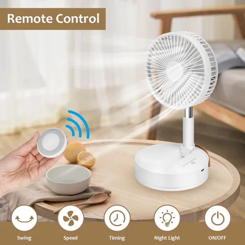 Vista 4 de Ventilador portátil, ventilador oscilante portátil de 7200 mAh con control remoto, altura ajustable con 4 velocidades, ventilador de mesa plegable