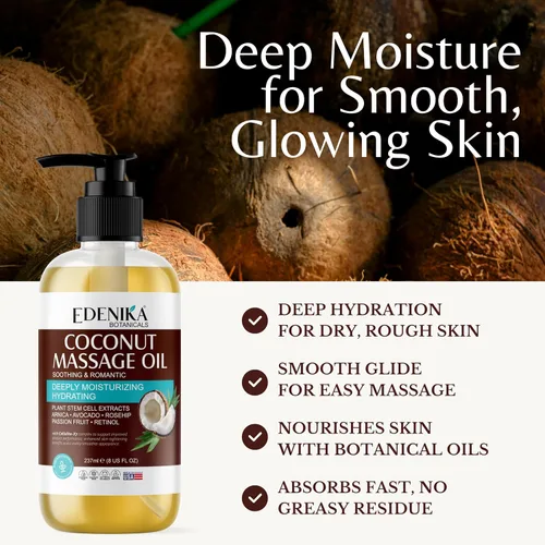Vista 2 de Edenika Botanicals Aceite de masaje de coco tropical para terapia de masaje, aceite de masaje calmante con aceite de coco y maracuyá para relajación