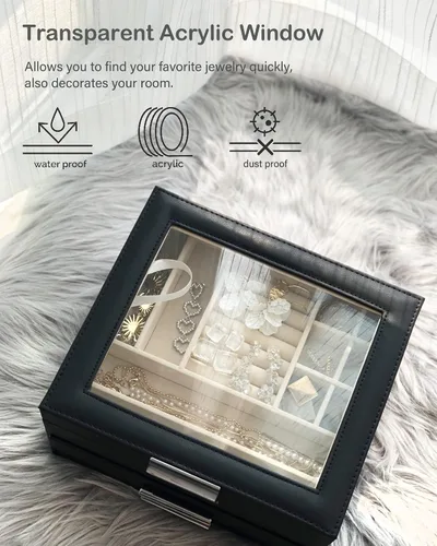 Vista 5 de Joyero con parte superior transparente, organizador grande de 3 capas para mujeres, aretes, anillos, collares, organizador de almacenamiento