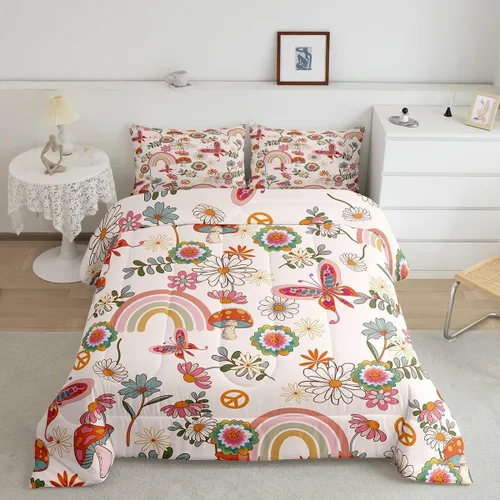 Vista 19 de Lindo juego de edredón de flores para niños y mujeres. Juego de ropa de cama de flores coloridas de dibujos animados, tamaño individual, bonito