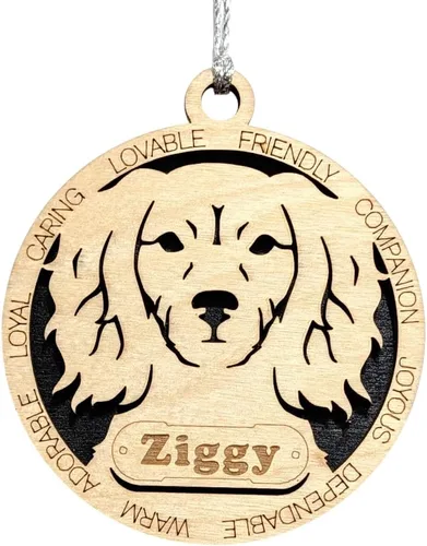 Vista 70 de Adorno de Navidad personalizado para perro Cavalier King Charles Spaniel, redondo de 3 pulgadas, madera cortada con láser de 2 capas, nombre y texto