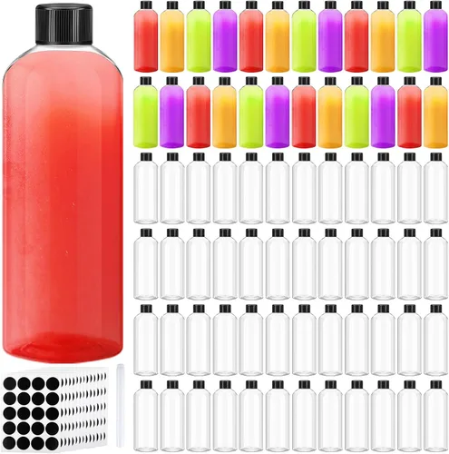 Vista 7 de Dandat 100 piezas Botellas de plástico para jugo con tapas, botellas de shot transparentes a granel, envases de bebidas reutilizables transparentes