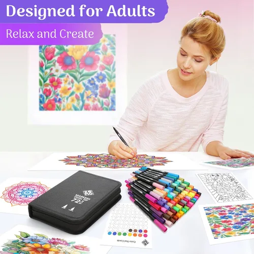 Vista 6 de ZENO Juego de 72 marcadores de doble punta Set-C con estuche – Marcadores de arte sin sangrado para adultos – Puntas finas y de pincel – Lápices