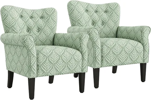 Vista 14 de BELLEZE Silla decorativa moderna, sillón de respaldo alto, silla lateral tapizada con respaldo alado, sofá individual acolchado con patas de madera