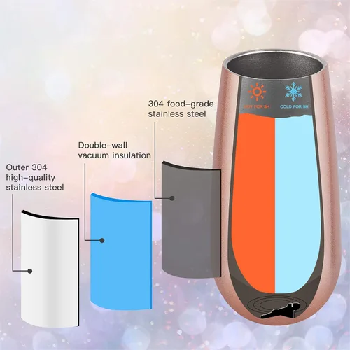 Vista 4 de Paquete de 2 vasos de champán sin tallo, vaso de flauta aislado de 6 onzas, vasos irrompibles de doble aislamiento para amigos, cumpleaños, Navidad