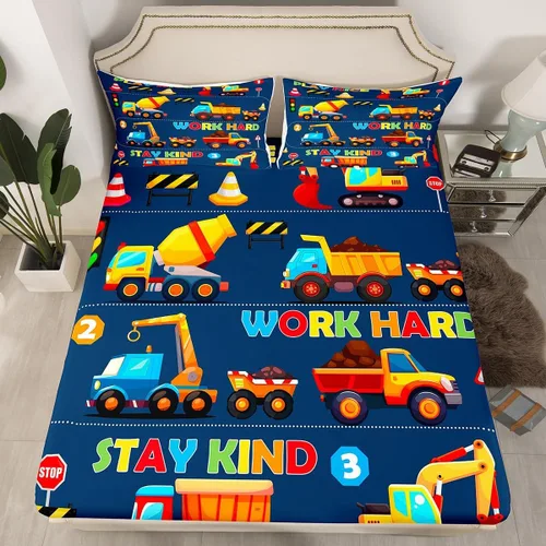 Vista 5 de Manfei Sábana bajera ajustable de dibujos animados para niños, tamaño individual, bonito juego de ropa de cama con excavadora, camión, tractor